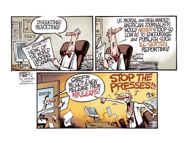 A cartoon makes fun of Rupert Murdoch as the character stops the press for a Wikileaks news release