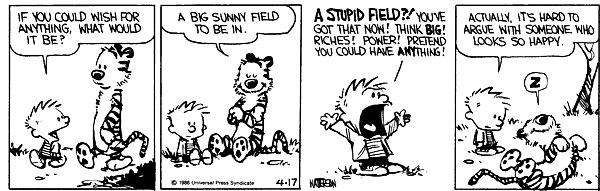 Calvin and Hobbs discuss happiness in this short comic strip