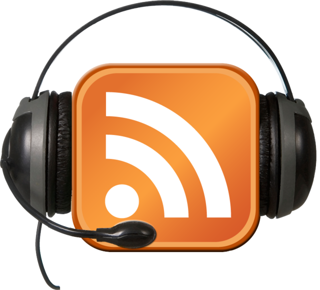 an RSS feed symbol with head sets symbolizes podcasting